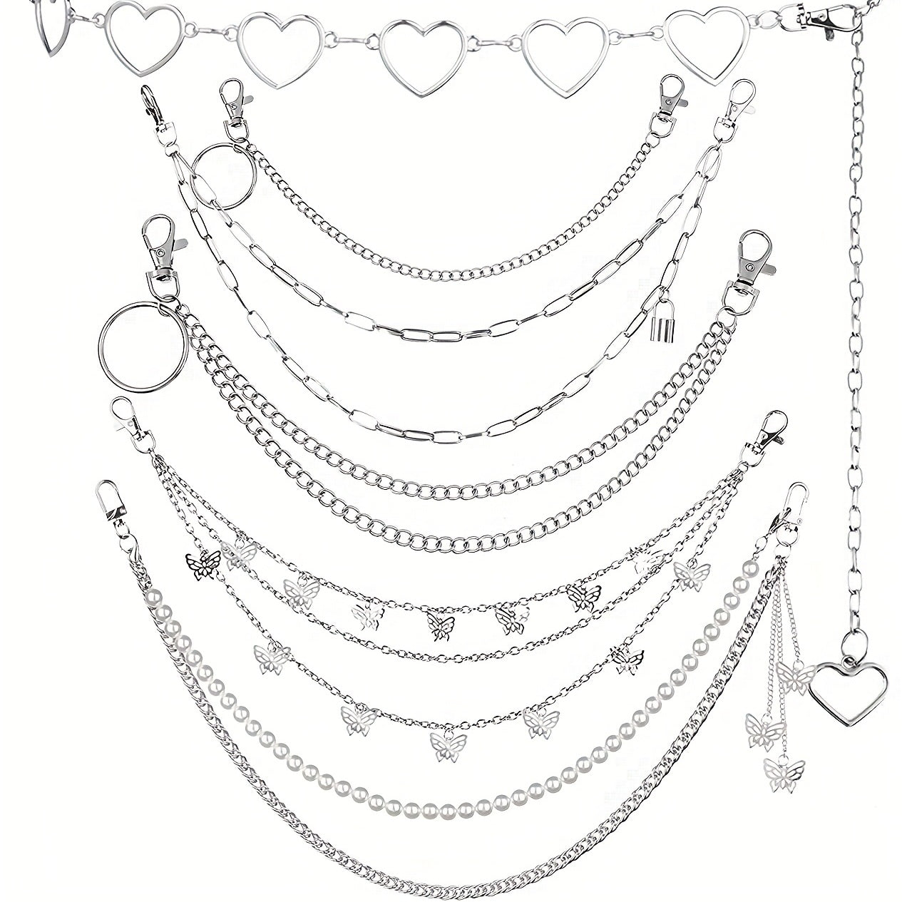 Pantalones de mezclilla punk para hombres y mujeres con cadena en la cintura y cadenas de múltiples capas de hip-hop