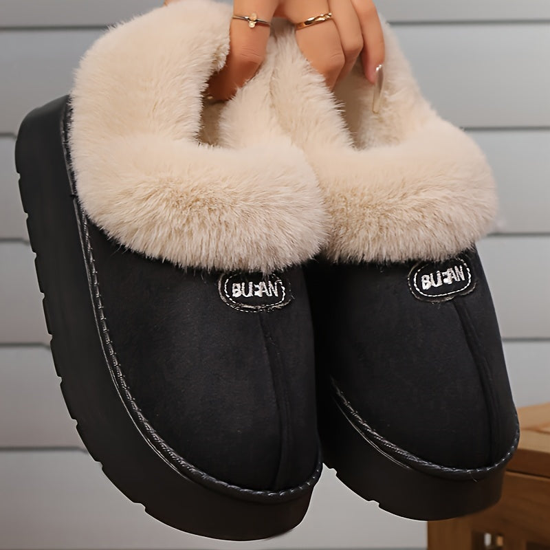 Women's Solid Color Furry Slip-On Slippers with Fleece Lining and EVA Sole