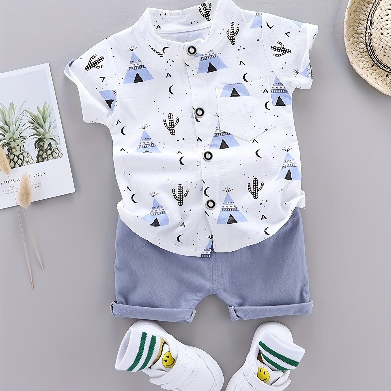 Boys Casual Set Short Sleeve Shirt and Shorts Pyramid Print Spring Summer 0-3 Years