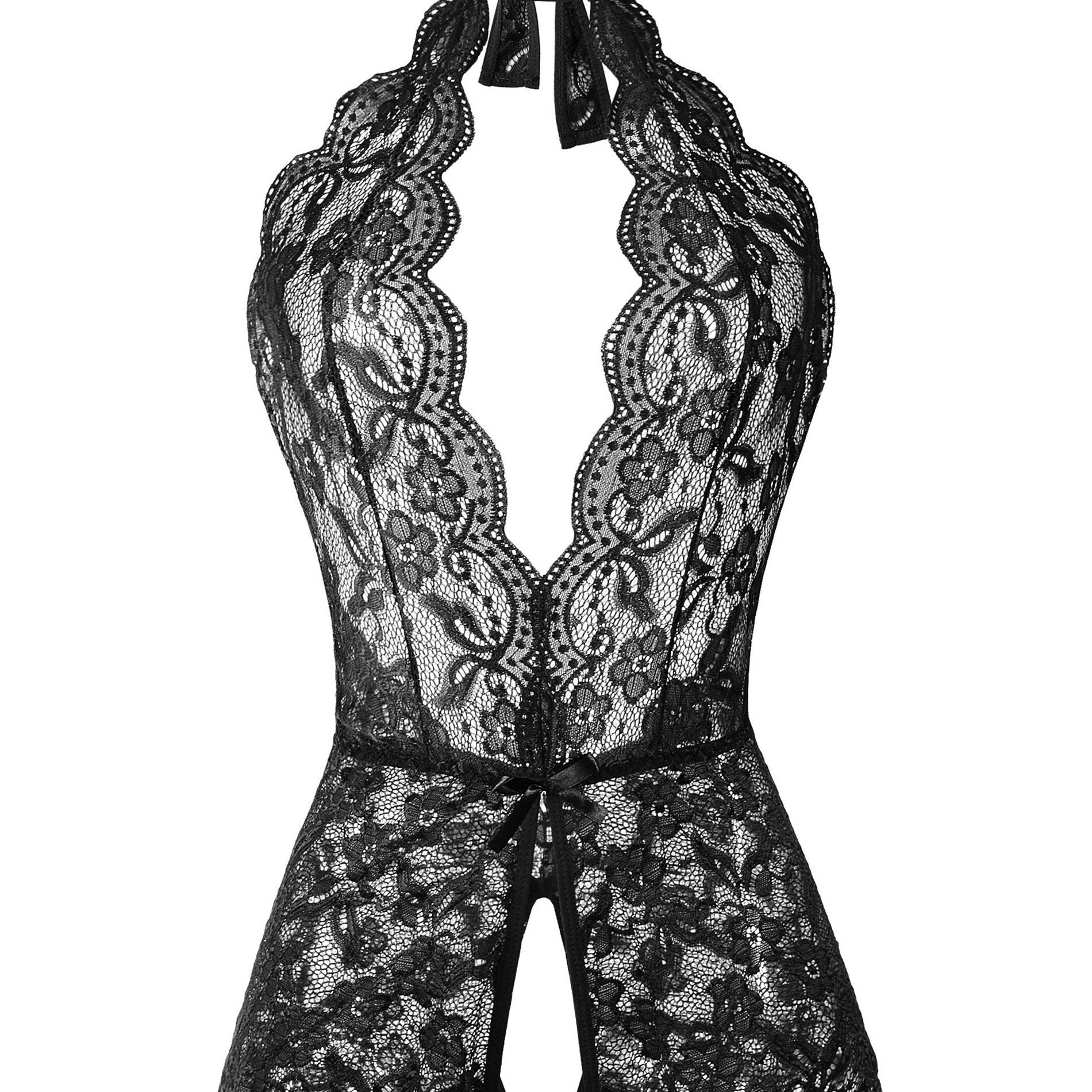 Women's Black Lace Velvet Teddy with Deep V Neck Backless Adjustable Straps