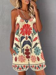 Women's Floral Print Sleeveless Jumpsuit with Pockets for Vacation