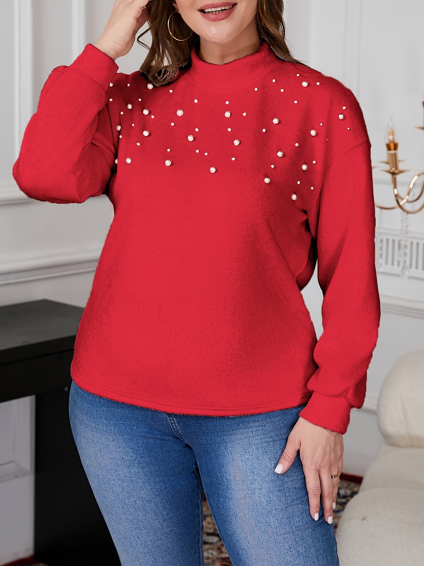 Ayollar uchun sviter, uzun sleeve, yuqori bo’yin, marjon bilan bezatilgan, qizil, qishda va kuzda kiyish uchun