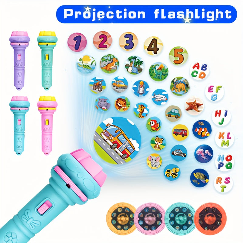 Kids Projection Flashlight with 32 Animal Dinosaur Car Space Patterns for Bedtime Learning