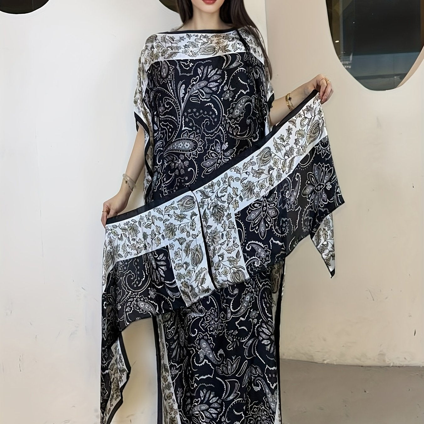 Women's Floral Print Maxi Dress Boat Neck Batwing Sleeves Loose Fit