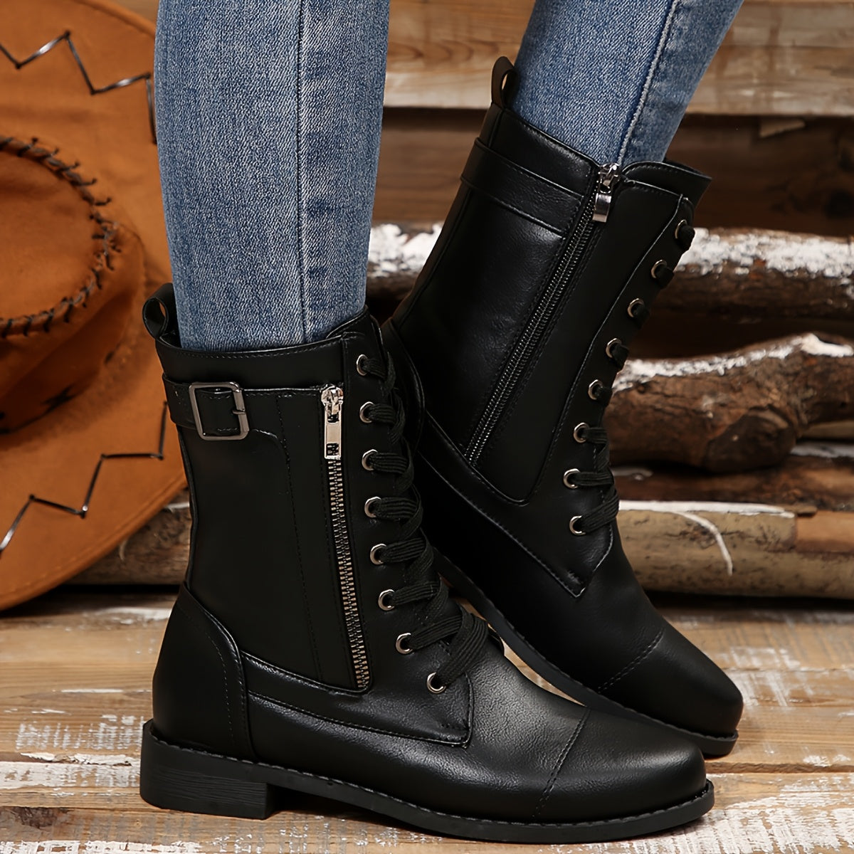 Women's Retro British Style Mid-Calf Boots Black Lace-Up Chunky Heel Winter Casual