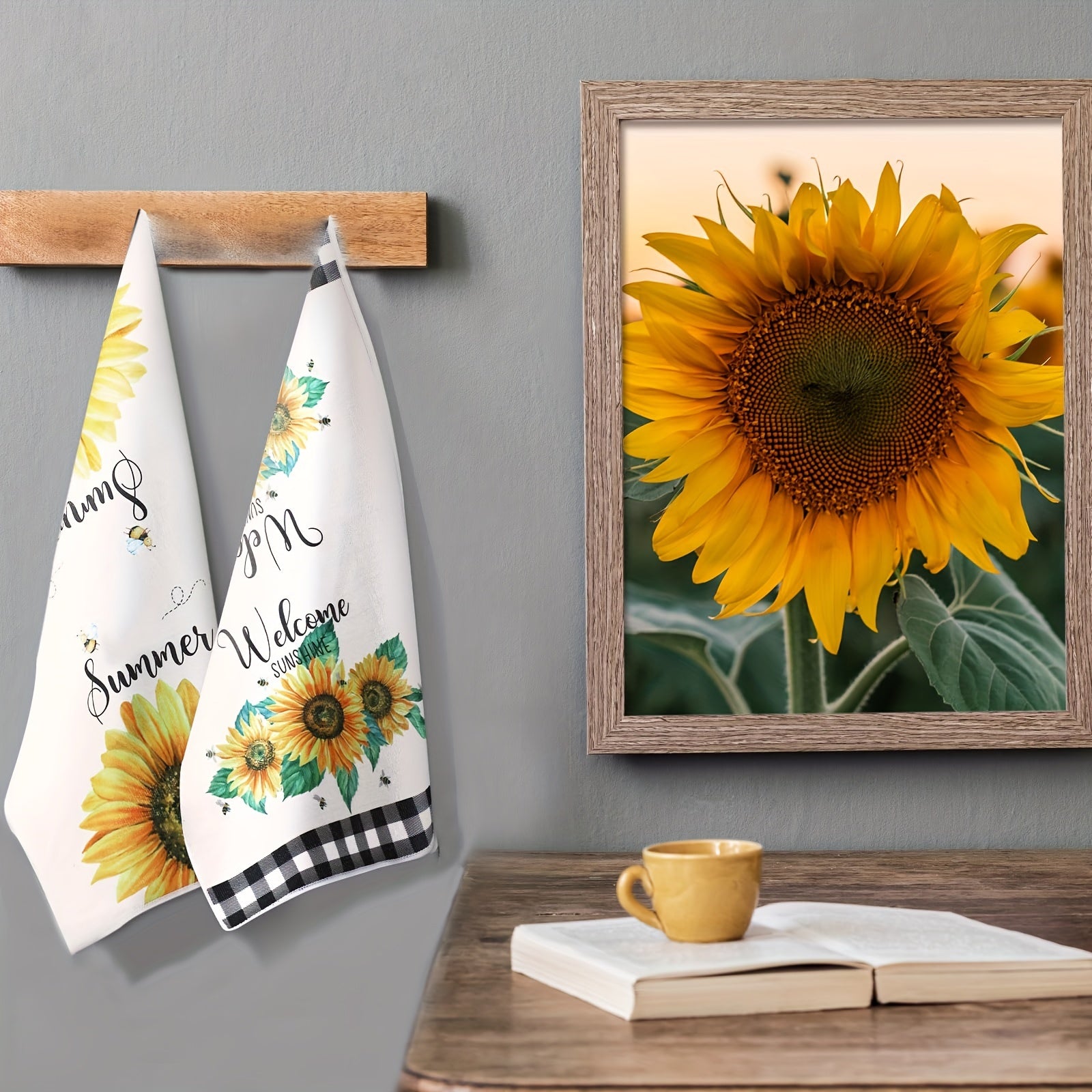 Set of 2 Sunflower Buffalo Plaid Kitchen Hand Towels for Cleaning and Decor