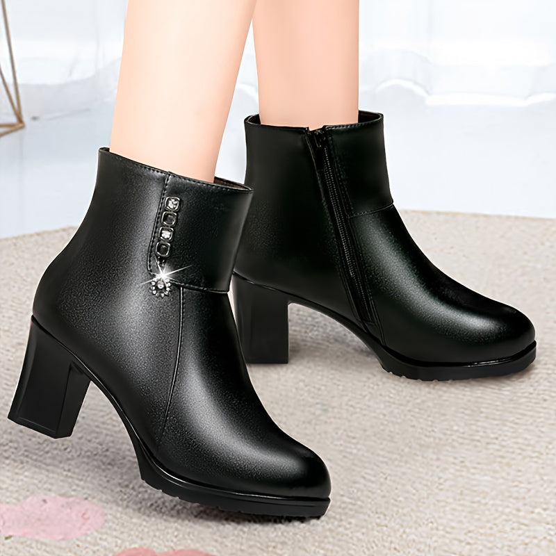 Women's Black Faux Leather Ankle Boots with Chunky Heel and Zipper