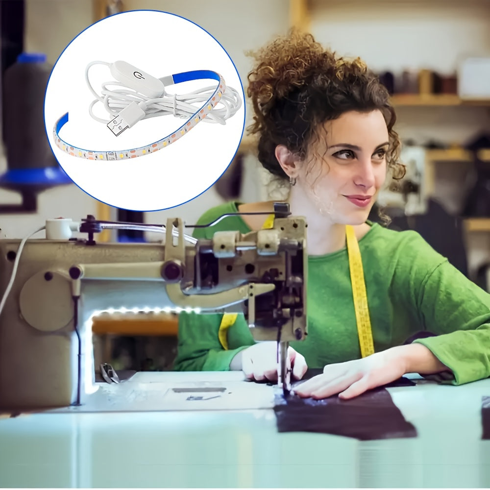 Светодиодная шнуровая лента для шитья с питанием от USB и сенсорным затемнением, энергоэффективный белый свет для стандартных машин, не требует батареек, гибкий пластиковый дизайн для улучшенной видимости при рукоделии.