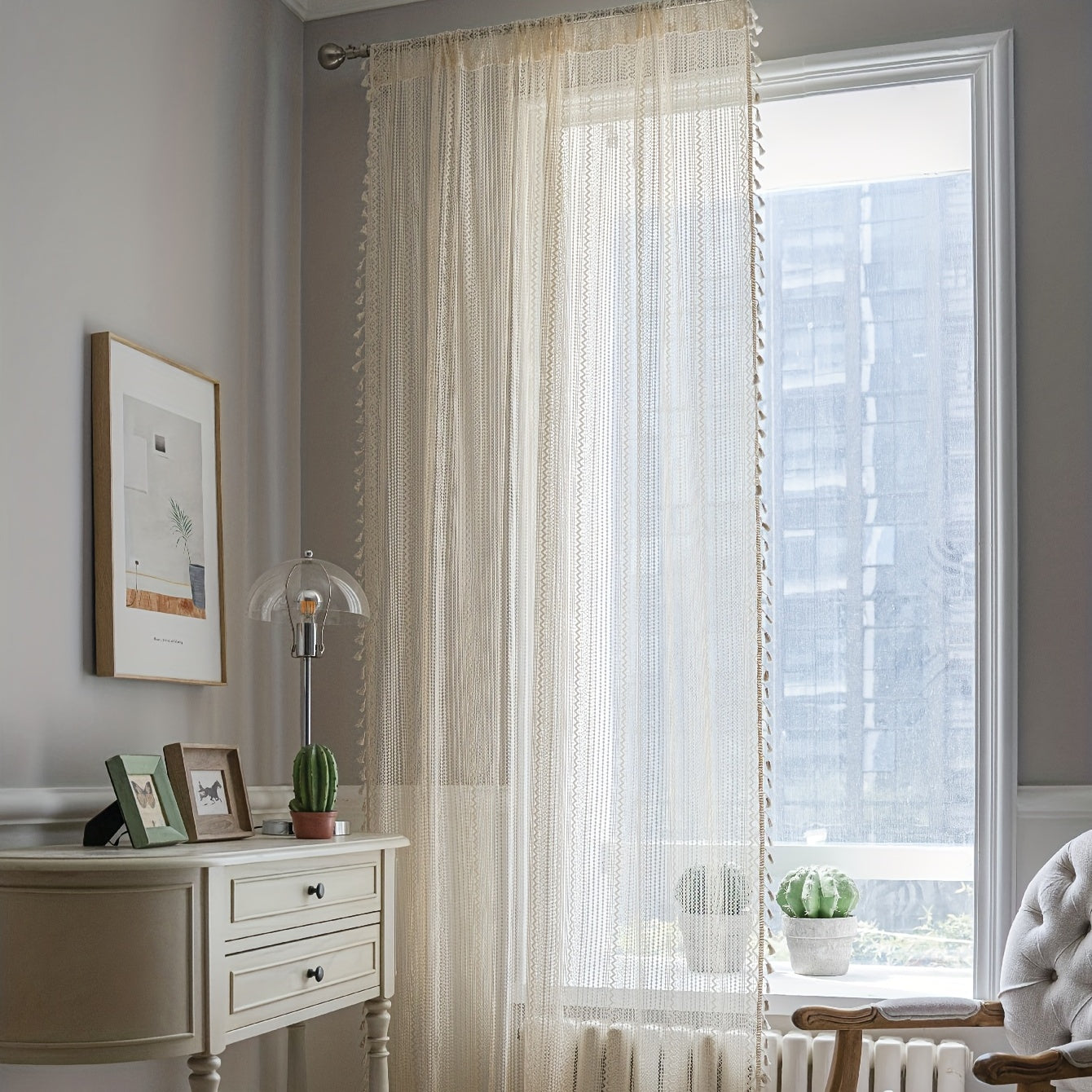 Beige Crochet Fringe Curtain UV Protection Rod Pocket for Living Room Bedroom