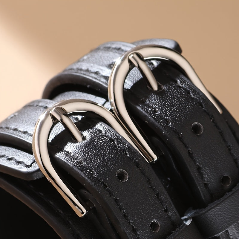 Men's Punk PU Leather Bracelet with Double Buckle and Adjustable Fit