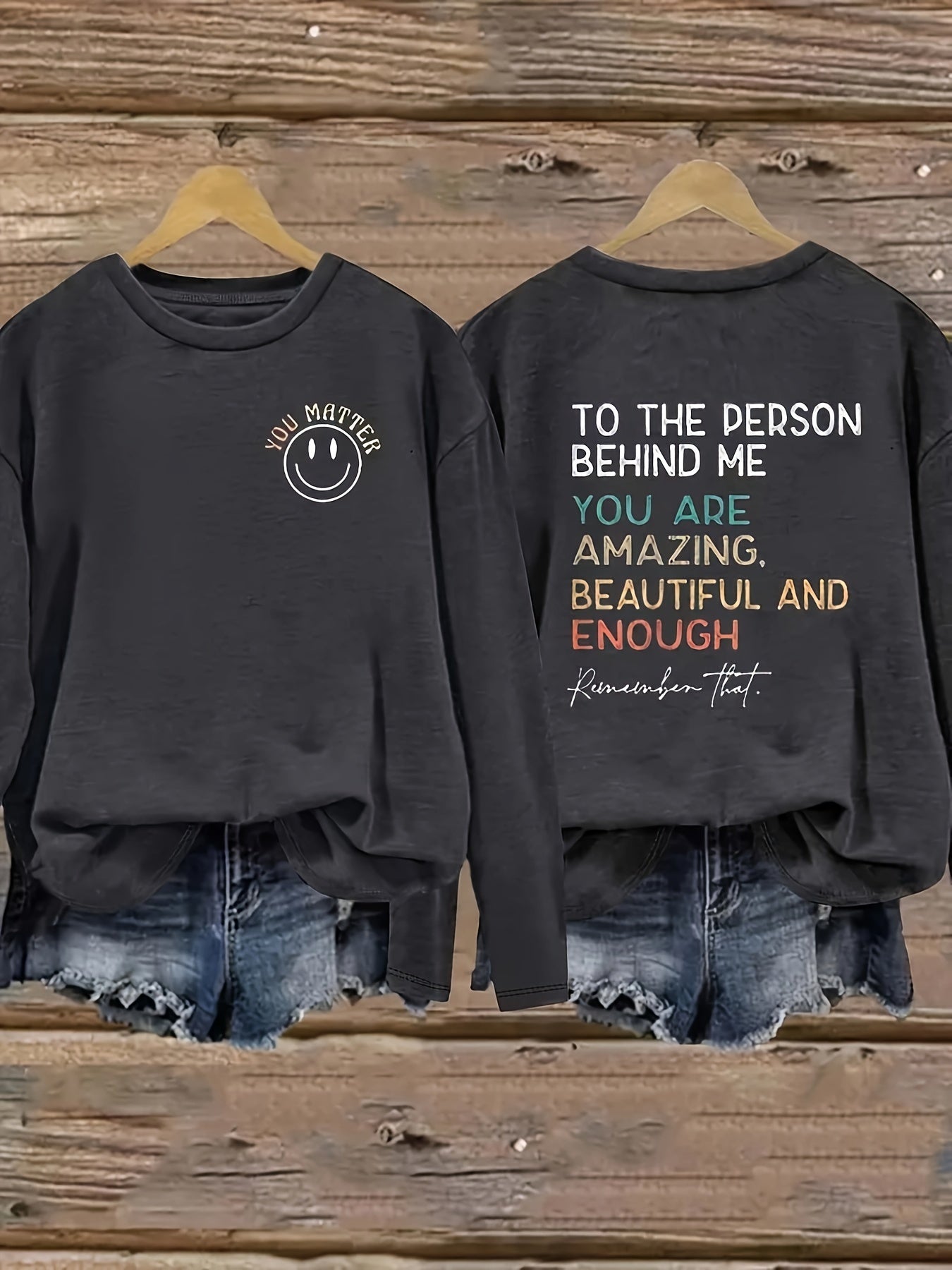 Women's Long Sleeve T-Shirt Polyester Crew Neck Spring Fall Black with Quote