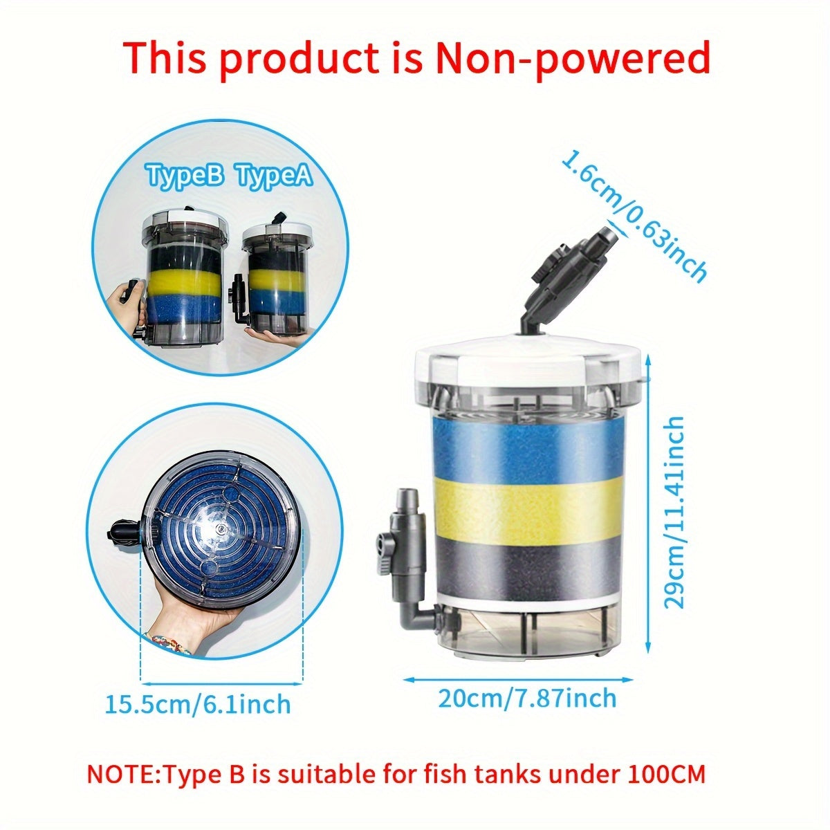 208.2 L gacha bo'lgan akvariumlar uchun jim filtr chelak, 16mm suv chiqishi, PVC material, shirin va tuzli suv uchun mos.