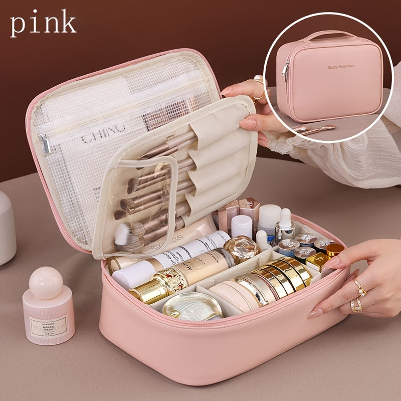 Large Capacity Detachable Makeup Bag Travel Cosmetic Organizer with Brush Holder for Men and Women