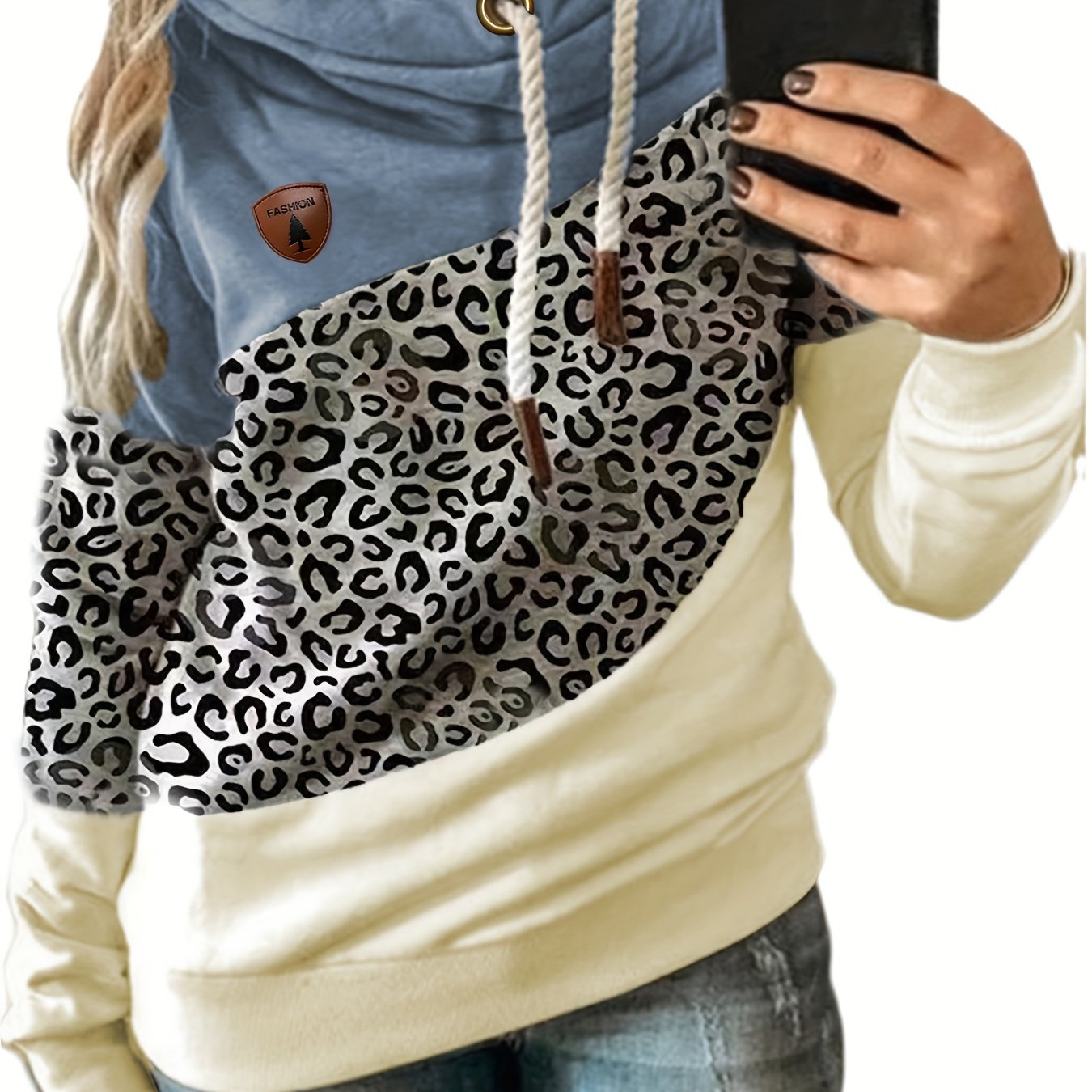 Plus Size Women's Colorblock Leopard Print Hoodie Long Sleeve Sweatshirt