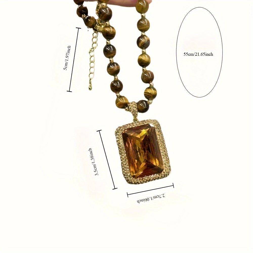 Tiger Eye Stone Pendant Necklace with 14K Gold Plating Synthetic Crystal Autumn Collection