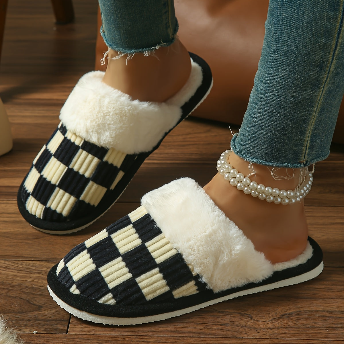 Women's Plush Striped Slippers Pink and White Checkered Indoor Shoes
