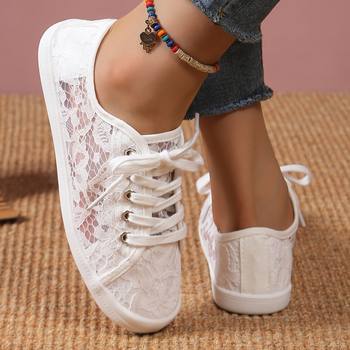 Women's White Lace Casual Flat Sneakers Breathable Comfortable Trendy