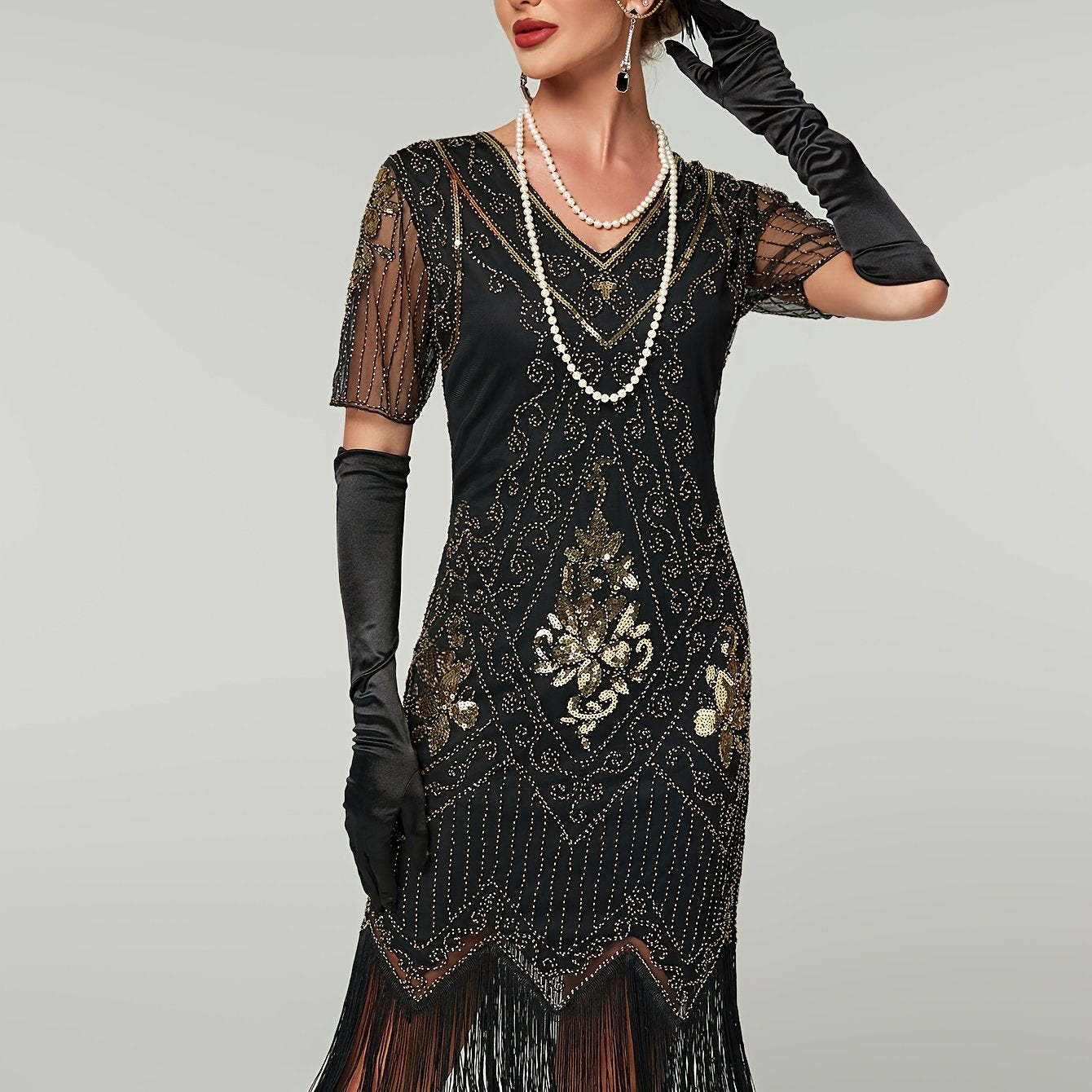 Women's Sequin Flapper Dress Gatsby Style Short Sleeve Party Gown