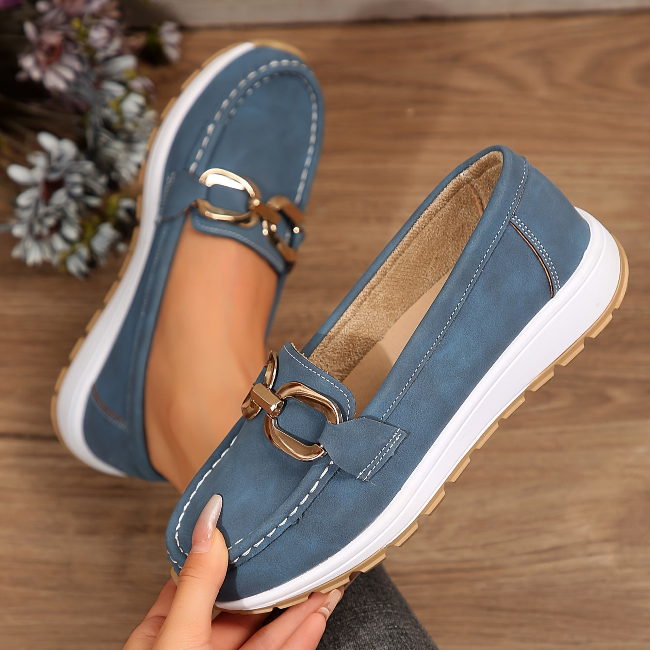 Women's Navy Blue Penny Loafers Synthetic Cover All-Season Comfort