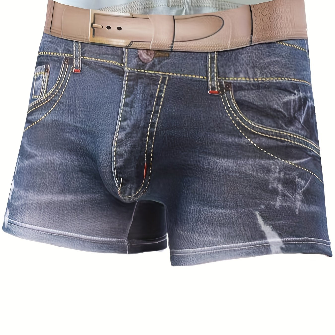 Men's Cotton 3D Denim Boxer Briefs with Belt Print Breathable Stylish Underwear