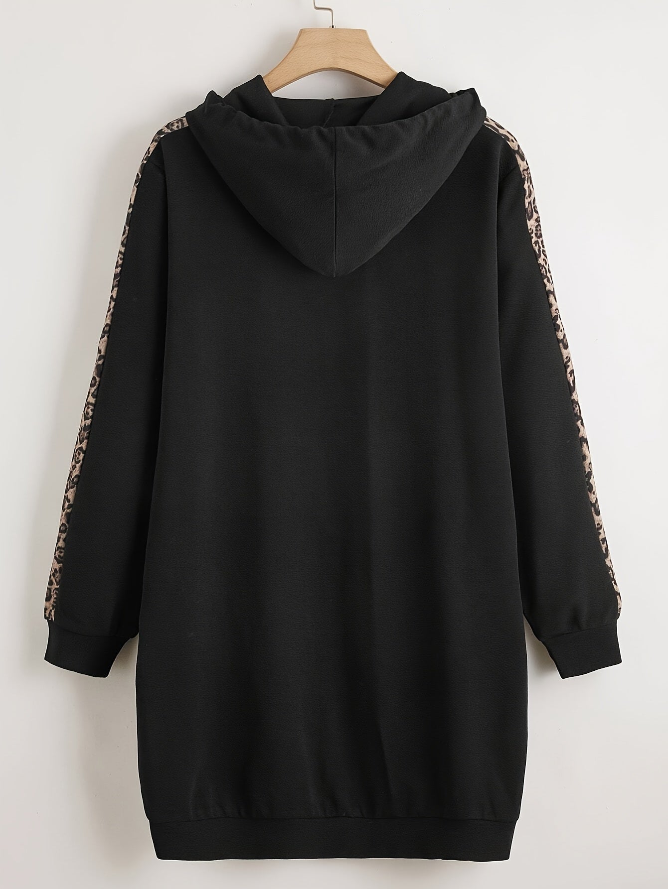 Black Hoodie for Women with Leopard Print Accents Polyester Knit Oversized Pullover