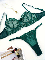 Women’s Lace Embroidered Lingerie Set with High Support Bra and Panties in Solid Knit Fabric