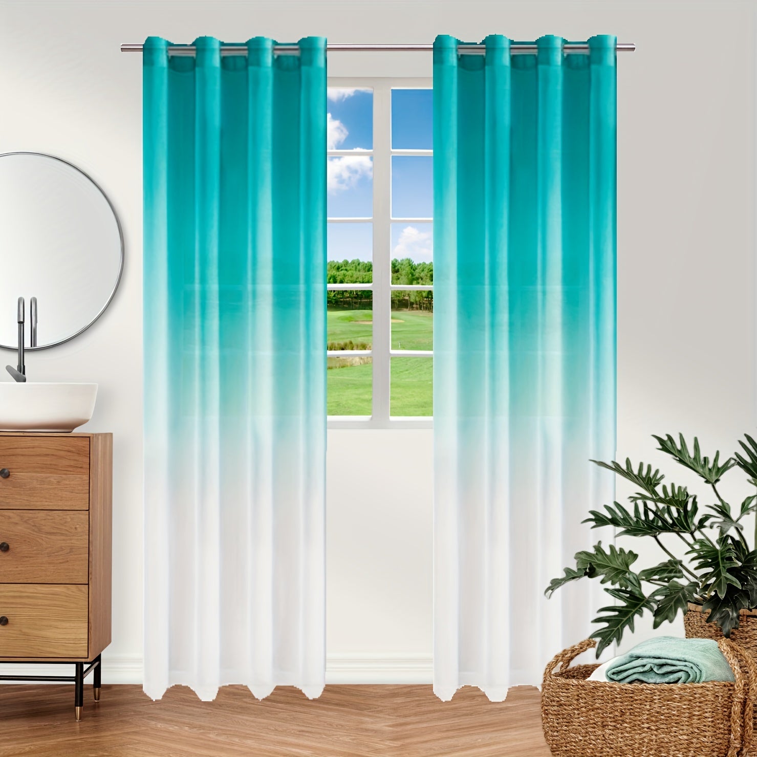 Bohemian Ombre Sheer Curtain Blue to White UV Protective Polyester for Bedroom Living Room