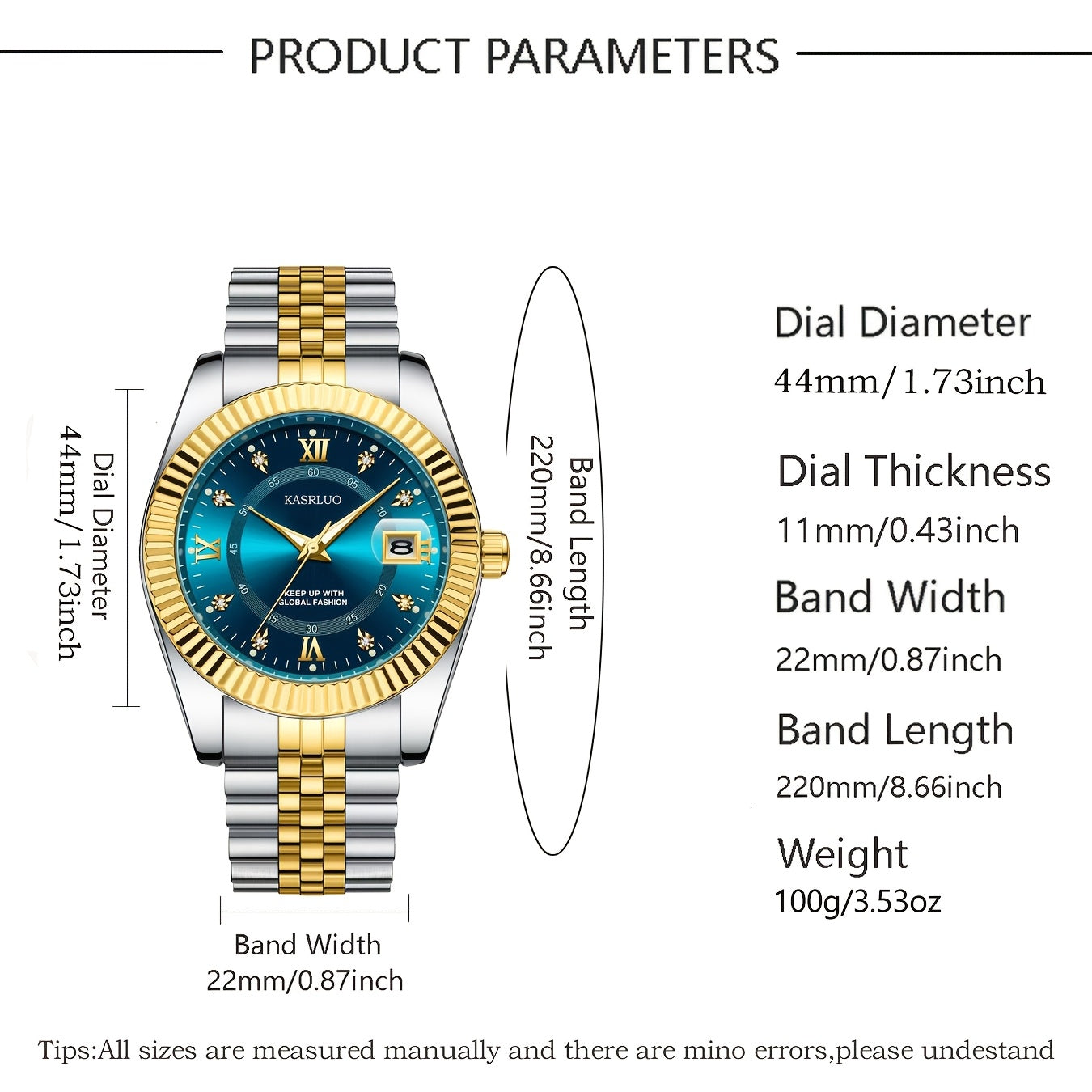 Men's Quartz Watch with Luminous Date Display Gold-Tone Stainless Steel Band Rhinestone Detailing Business Style
