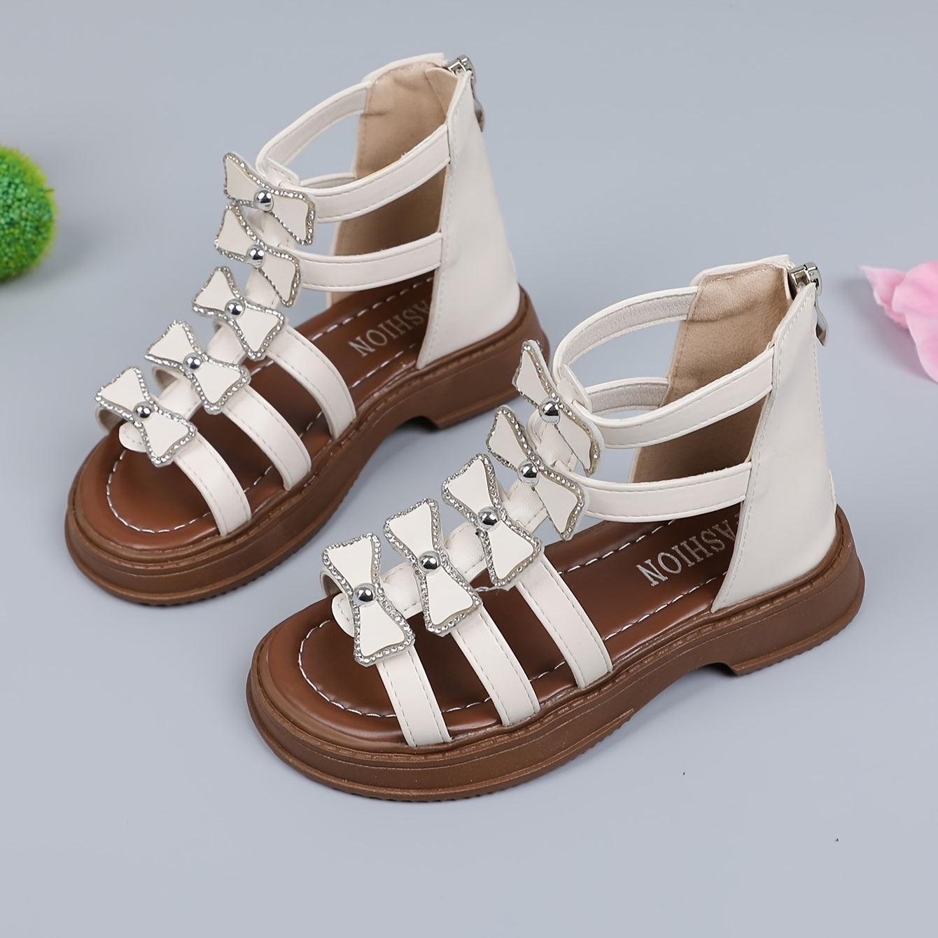 Girls Striped Mid-Top Roman Sandals with Zipper Closure PU Upper PVC Sole Summer Footwear