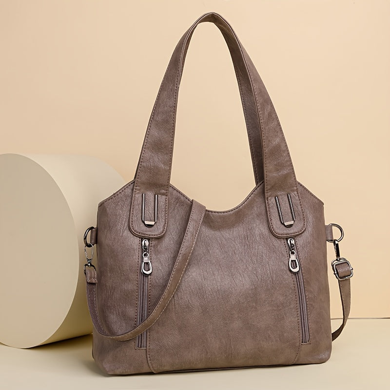 Women's Light Brown Tote Bag with Detachable Strap Zip Closure Multiple Compartments Fashion