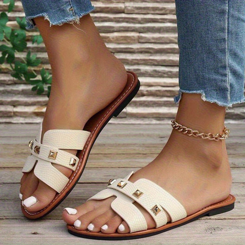 Women's Flat Sandals with Stud Detail and Bow Accent Open-Toe Casual Shoes