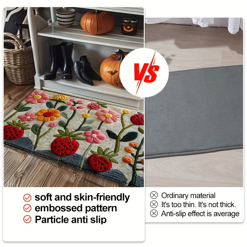 3D Floral Pattern Strawberry Bath Mat Ultra Soft Faux Velvet Absorbent Non-Slip
