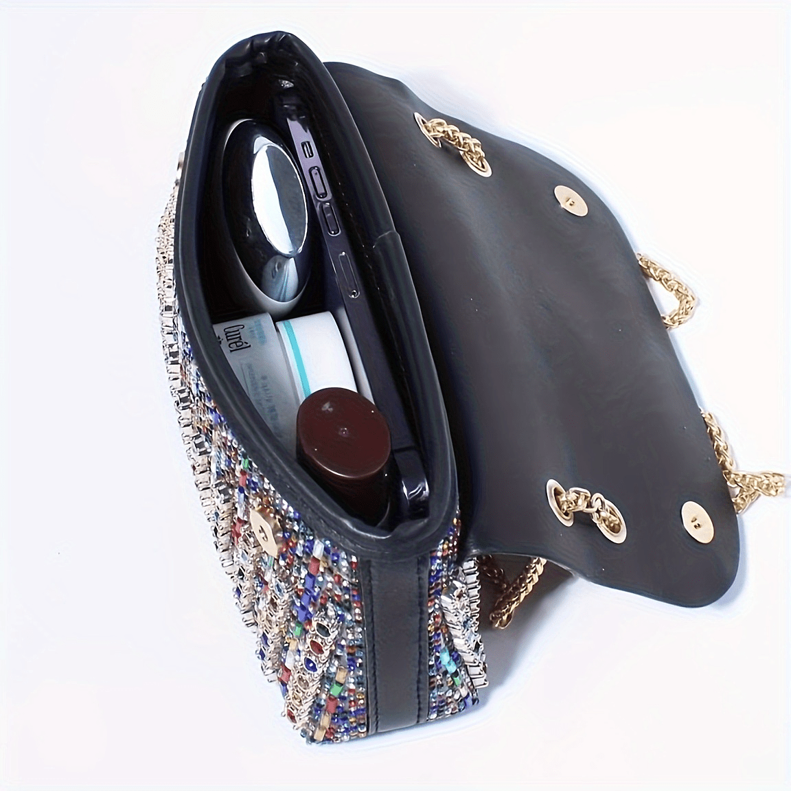 Women's Evening Clutch Bag with Rhinestones Beads Adjustable Strap Magnetic Closure