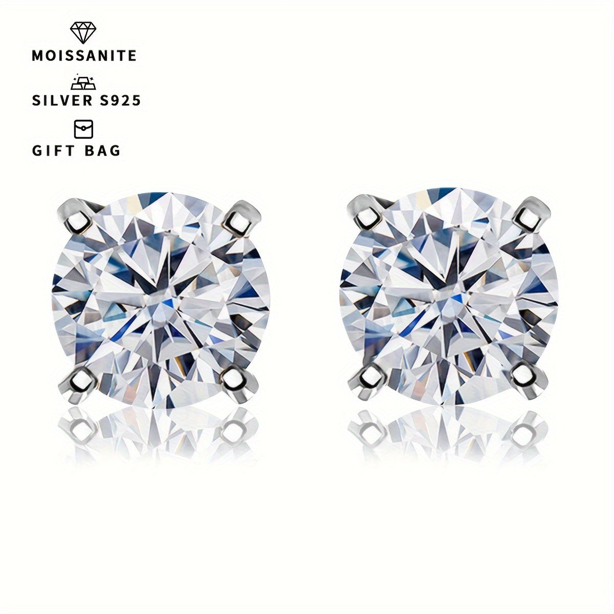 Women's Silver Earrings with Moissanite 0.3CT to 3CT Platinum Gold Plating