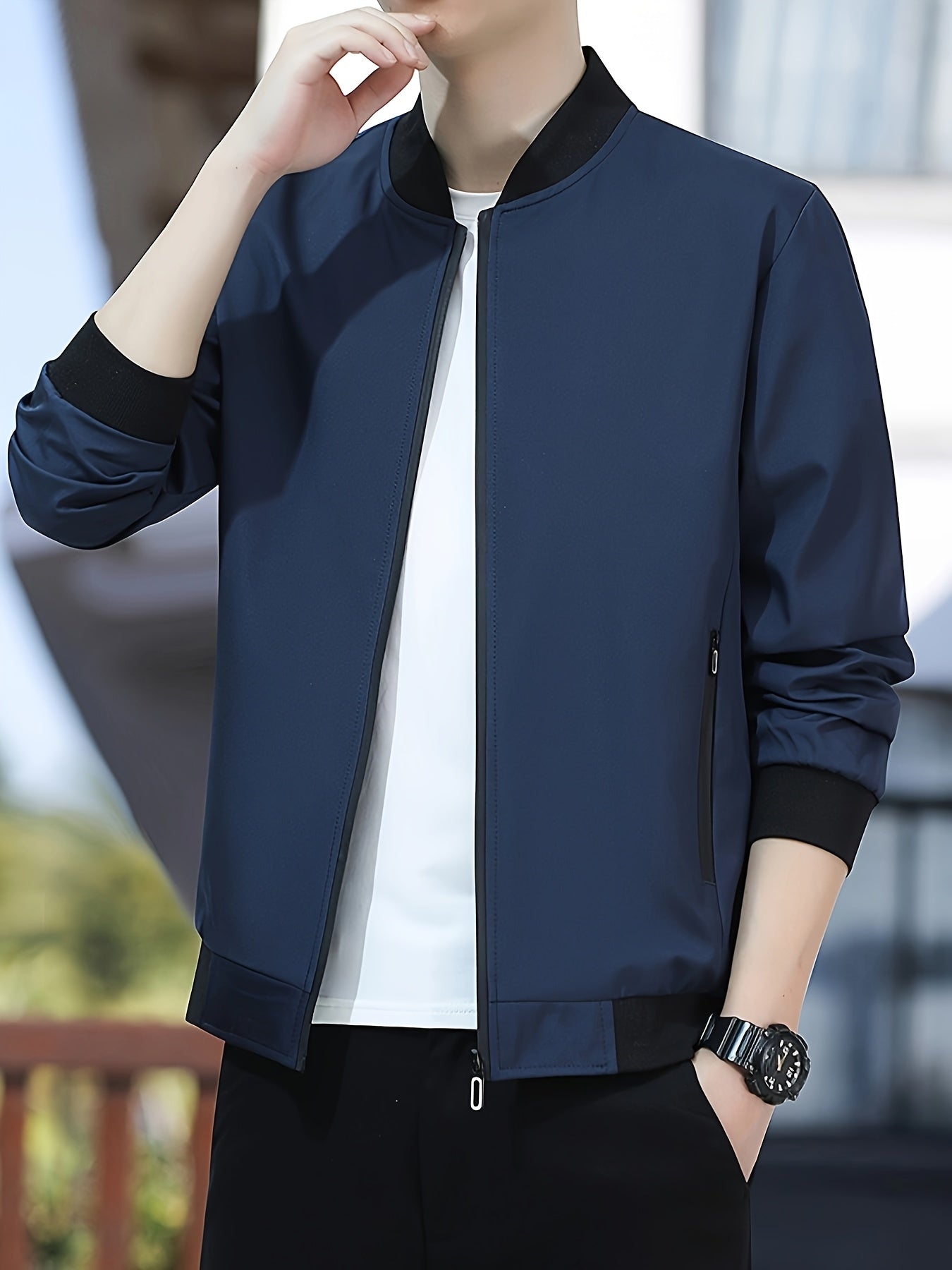 Men's Long Sleeve Solid Color Woven Polyester Jacket with Stand Collar and Zipper Closure