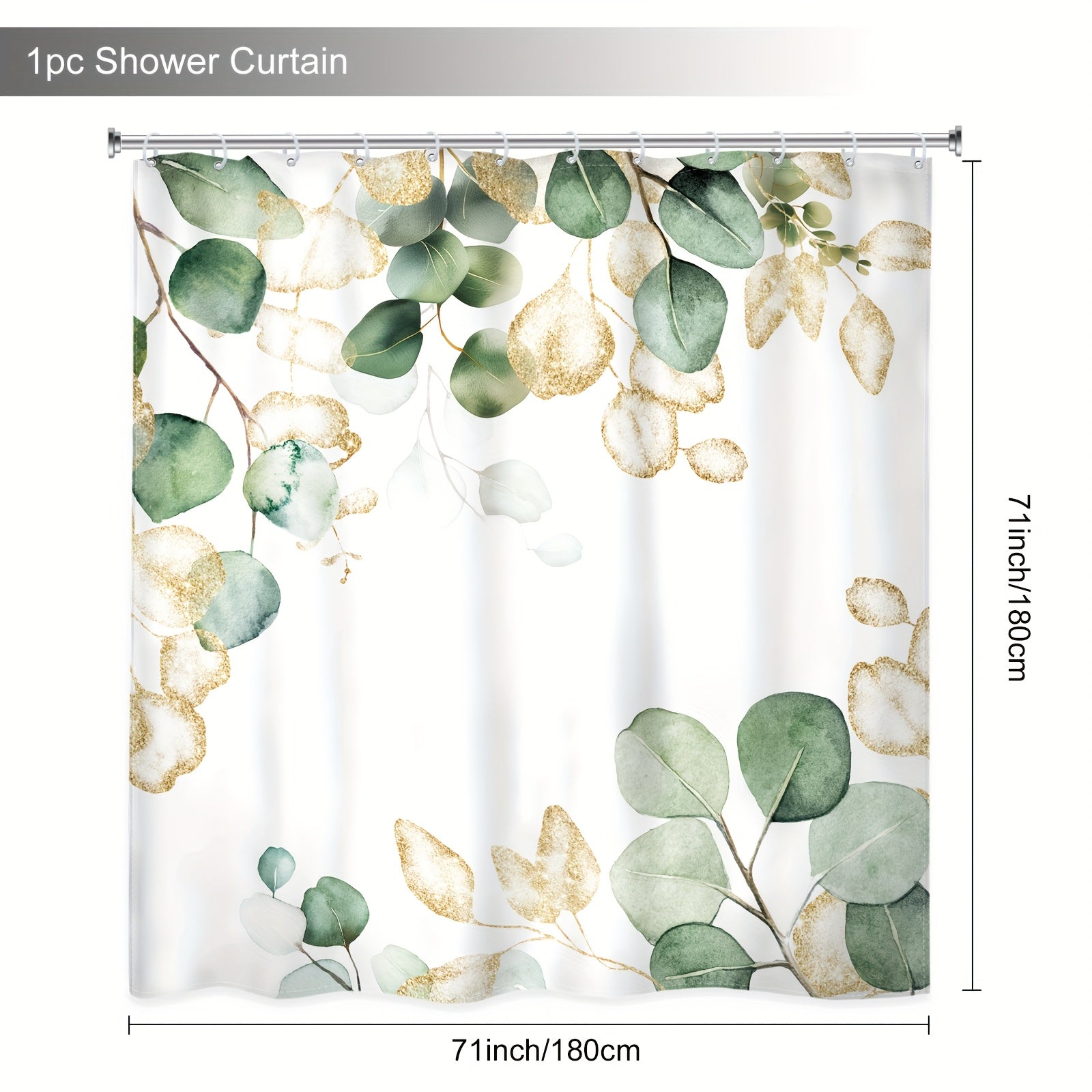 Poliester eukalipt yaprog'i yashil o'simlikli dush pardasi hammom dekoratsiyasi uchun, suv o'tkazmaydigan va ajratish uchun. O'lchami: 70.87"×70.87"