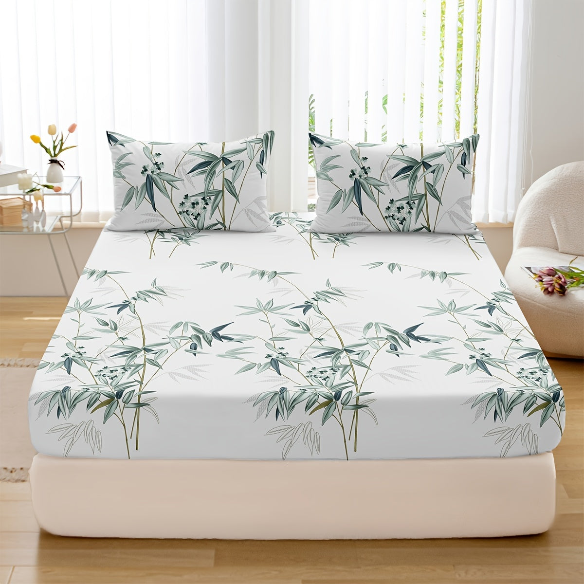 Set of 3 Plant Printed Fitted Sheets Bedding Set Breathable Soft for Bedroom and Guest Room