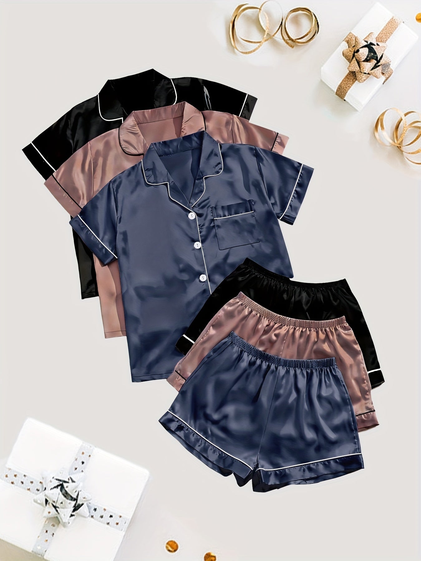 Women's Satin Sleepwear Set Short Sleeve Button Top Elastic Shorts Summer Casual