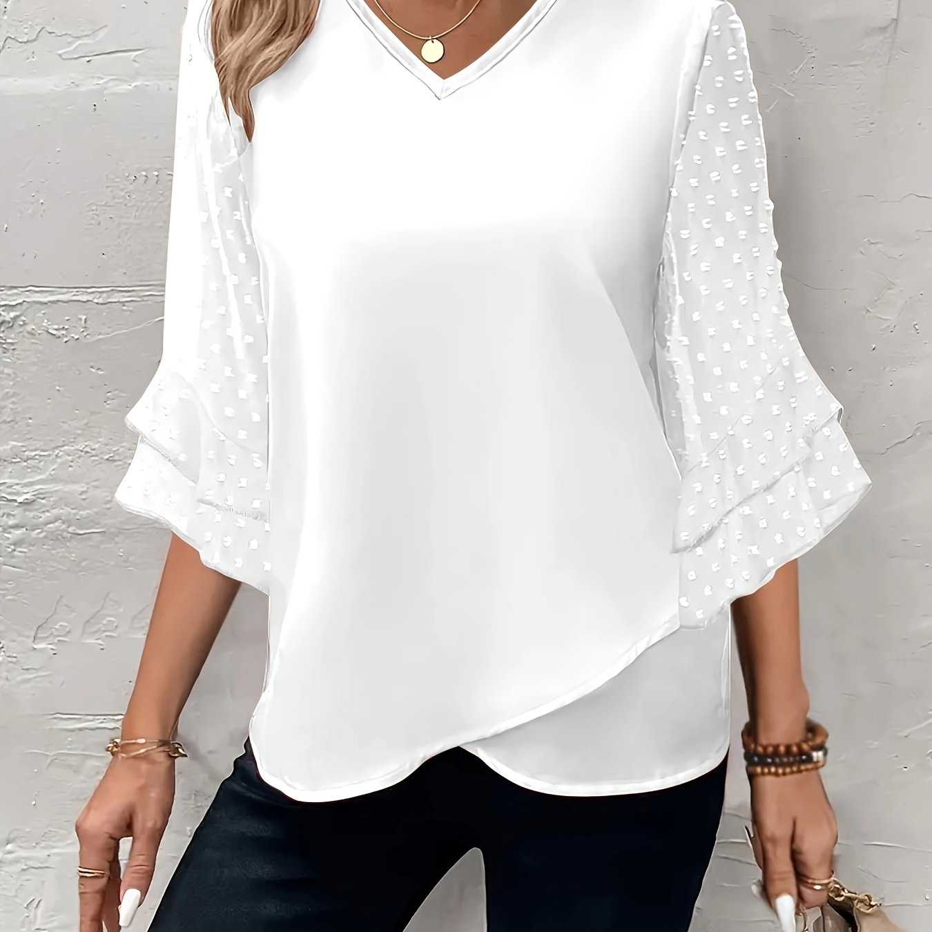 Plus Size Women's V-Neck Blouse with Ruffle Sleeves Solid Color Lightweight Polyester