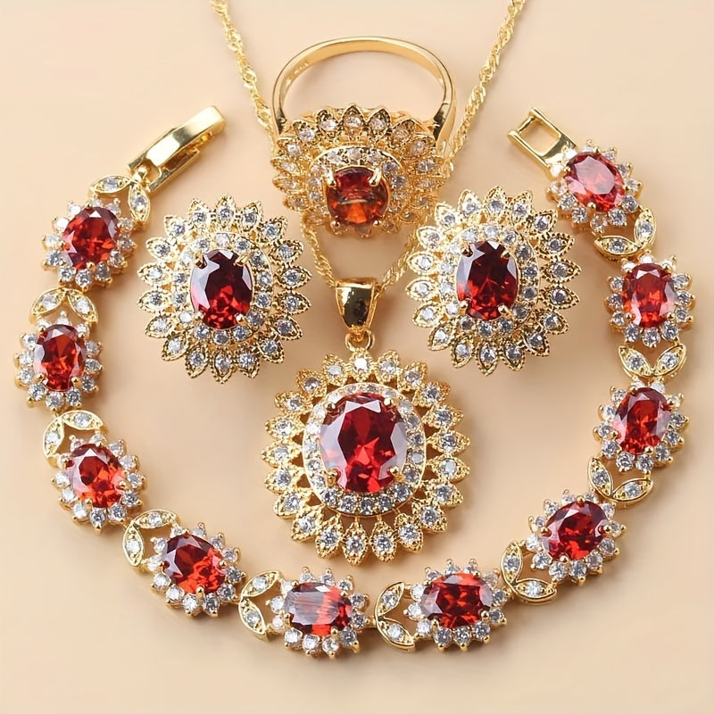 Sunflower Jewelry Set for Women 5-Piece Cubic Zirconia Necklace Earrings Ring Bracelet Gift