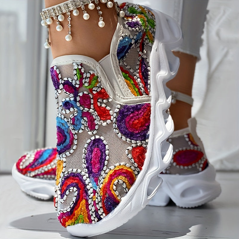 Women's Embroidered Fabric Slip-On Sneakers with Rubber Sole