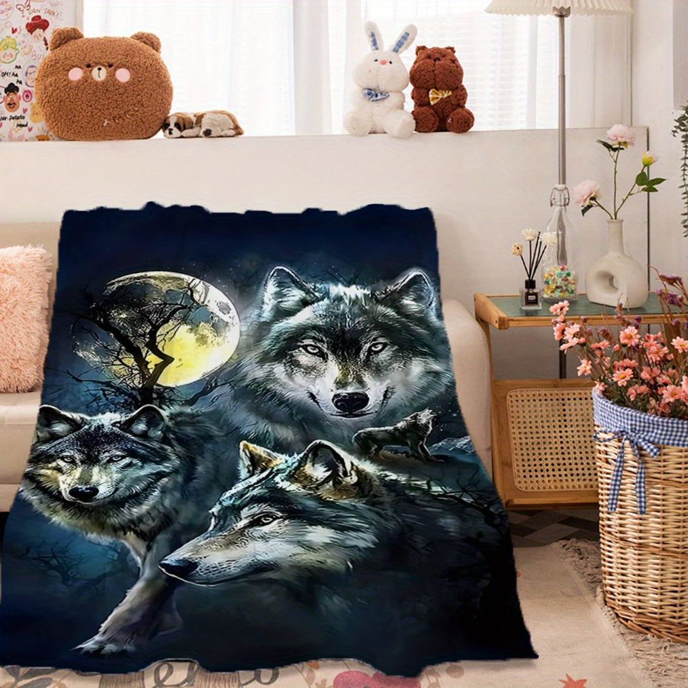 Contemporary Wolves in Moonlight Flannel Fleece Throw Blanket for Sofa Bed Camping