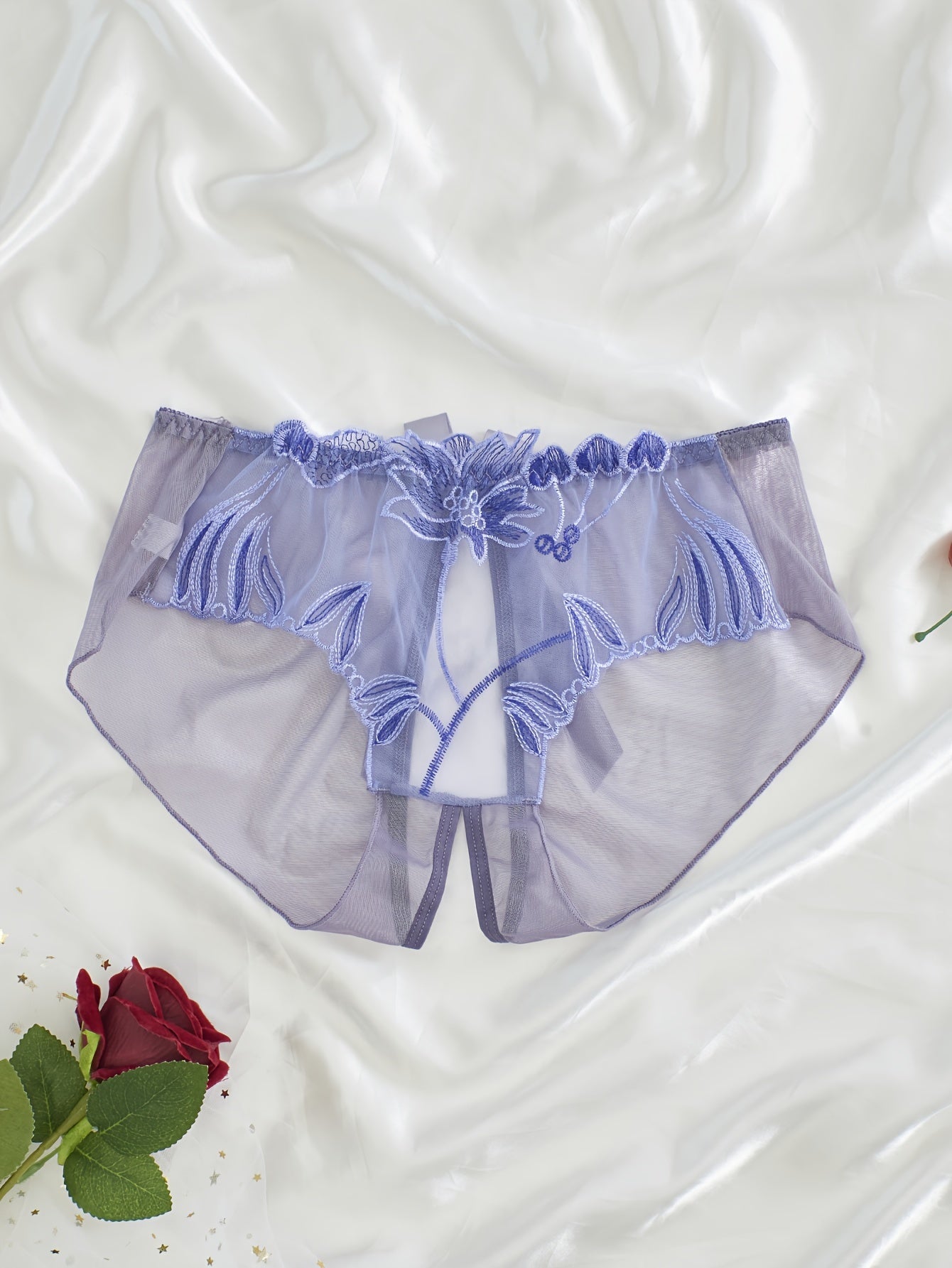 Women's Light Purple Lace Mesh Panties with Floral Embroidery and Open Crotch