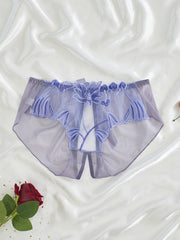 Women's Light Purple Lace Mesh Panties with Floral Embroidery and Open Crotch