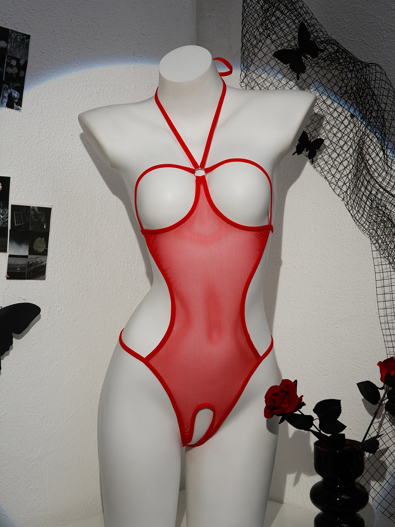 Women's Lace-Up Bodysuit with Halter Neck Semi-Sheer Lingerie