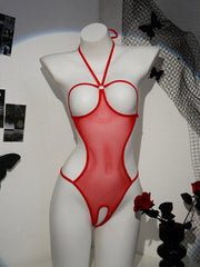 Women's Lace-Up Bodysuit with Halter Neck Semi-Sheer Lingerie