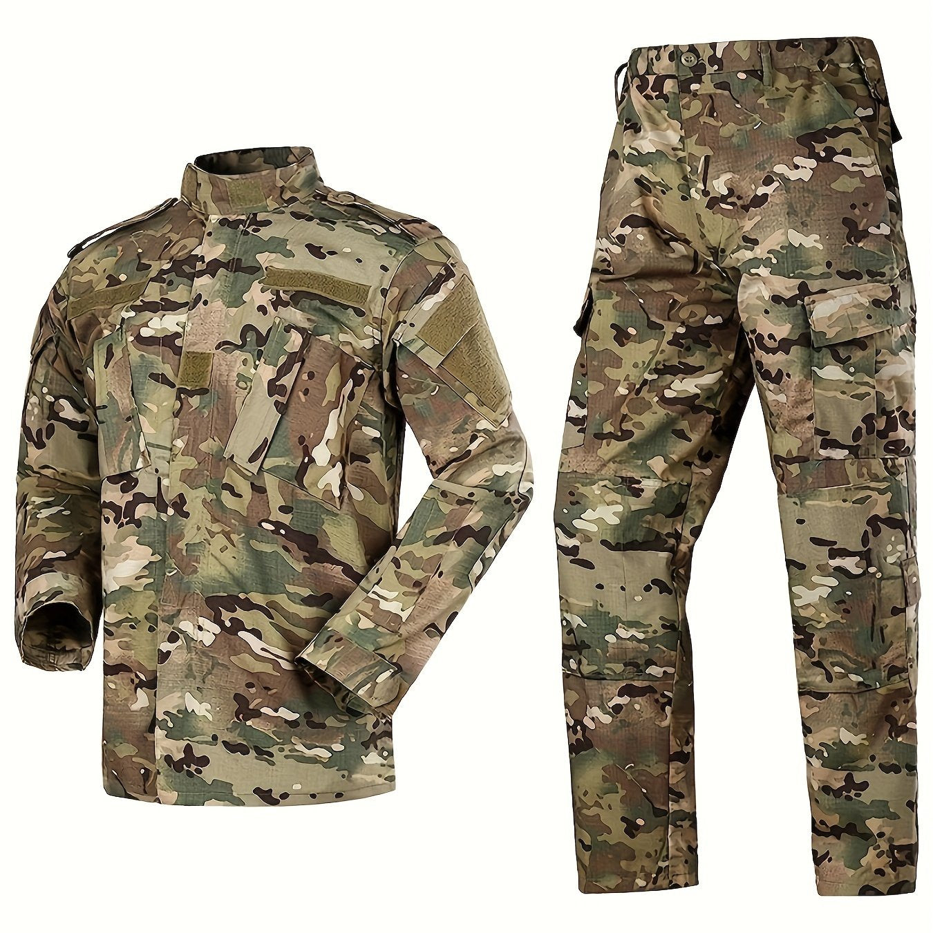 Conjunto de traje de entrenamiento con camuflaje de segunda generación, poliéster, chaqueta resistente con cremallera y pantalones cargo para actividades al aire libre