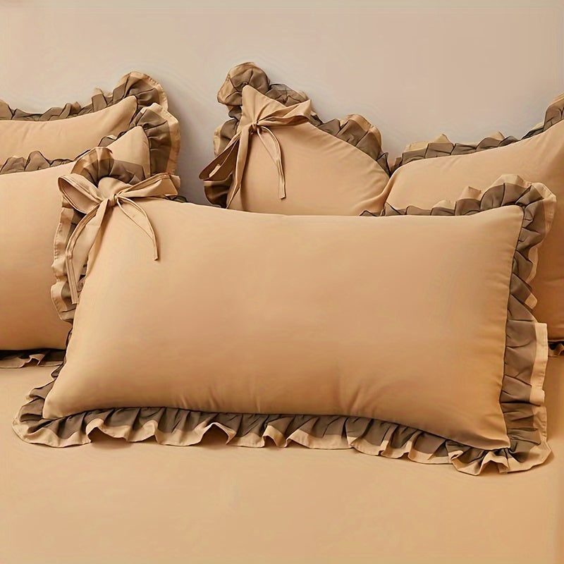 Soft Solid Color Brushed Envelope Pillowcase with Lotus Leaf Lace for Sofa Bed