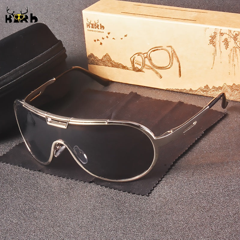 Oversized Gold Frame Sunglasses for Outdoor Cycling and Street Fashion with Zipper Case