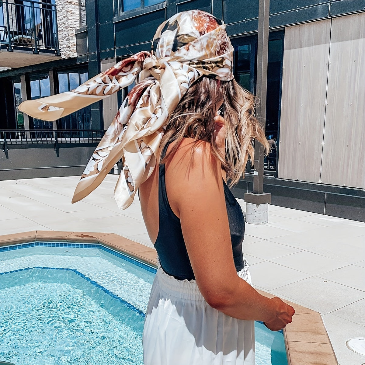 Colorful Block Printed Square Scarf 69.85cm Satin Neck Headscarf for Women